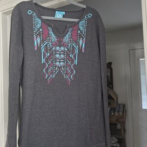 Women's Gray Long Sleeve Top with Colorful Pattern